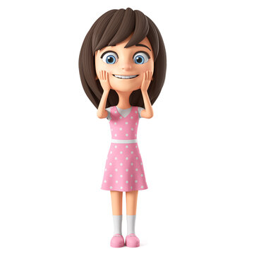 Cartoon character beautiful girl in pink dress and blue eyes surprised by the surprise. 3d render illustration.