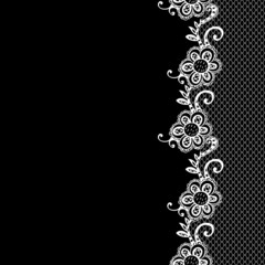 Endless Edge Border with Hand Drawn Flowers. White Lace on Black Background. Vector Illustration.