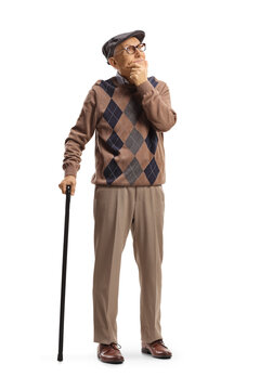 Full length portrait of a senior man with a walking cane standing and thinking