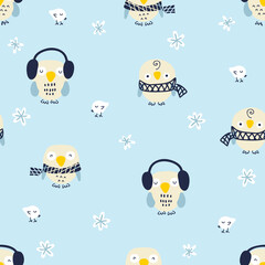 Cartoon style winter seamless pattern with owls, snowflakes and white birds. Perfect for poster, textile and prints. Hand drawn illustration for decor and design.
