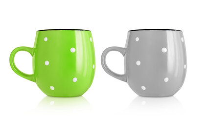 Ceramic cup. Ceramic mug with pattern isolated on white background. Cup with a handle. Pink mug.