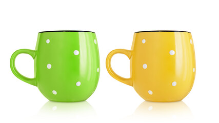 Ceramic cup. Ceramic mug with pattern isolated on white background. Cup with a handle. Pink mug.