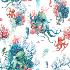 Watercolor coral reef seamless pattern. Hand drawn realistic background design: octopus, corals, sea horse on white background. Natural repeating texture design for paper, fabric, wallpaper