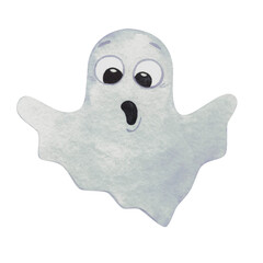 Watercolor illustration ghost. Mystery character. Cartoon style of illustration. Trick or treat. Dark party symbol. Scary ghost.