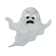 Watercolor illustration ghost. Mystery character. Cartoon style of illustration. Trick or treat. Dark party symbol. Scary ghost.