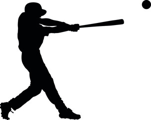 baseball game batter player, also known as batsman - batman in motion to hit a pitcher's ball with the bat when teeing off. detailed realistic silhouette - obrazy, fototapety, plakaty