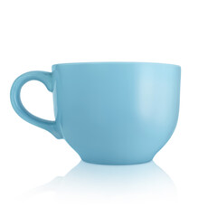 Ceramic cup. Large blank ceramic mug isolated on white background. Mug with a handle. Blue cup.