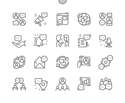 Discussion. Speech bubble. Dialogue, message and video call. Talking, speak, communication and connection. Pixel Perfect Vector Thin Line Icons. Simple Minimal Pictogram