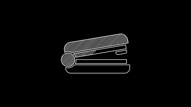 White line Office stapler icon isolated on black background. Stapler, staple, paper, cardboard, office equipment. 4K Video motion graphic animation