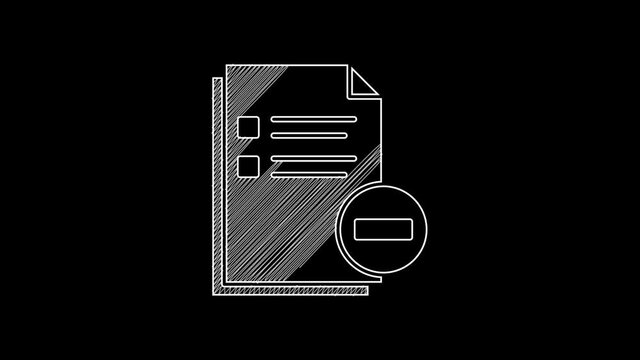 White line Document with minus icon isolated on black background. Clear document. Remove file document. Delete information file. 4K Video motion graphic animation