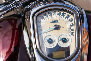 Motorcycle dashboard, speedometer, fuel level, close-up