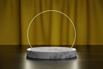 Neon circle and marble 3d podium for product presentation with yellow textile curtain on a background. 3d modeling scene with empty platform mockup and simple geometric elements