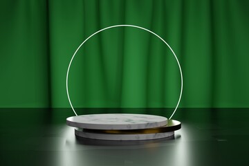 Marble and gold round plates for product presentation and neon circle with green textile curtain on a background. 3d modeling scene with empty platform mockup and simple geometric 3d elements