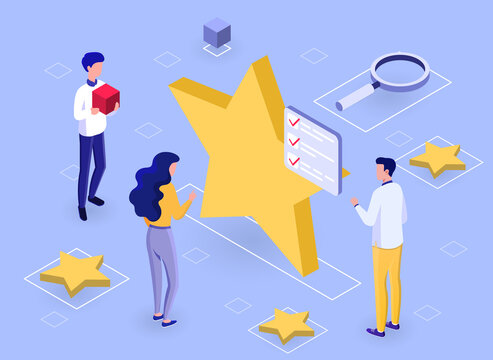 Positive feedback from users concept. Men and women put star and write comment. Good rating and high quality assessment of service. Cartoon isometric vector illustration isolated on blue background