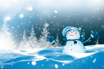 happy snowman. Winter landscape. Merry christmas and happy new year greeting card