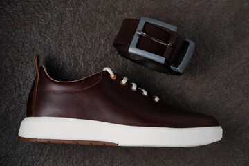Dark brown casual leather men shoes with white sole and leather belt