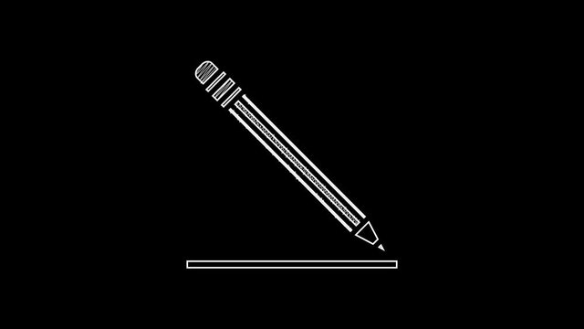 White line Pencil with eraser and line icon isolated on black background. Education sign. Drawing and educational tools. School office symbol. 4K Video motion graphic animation