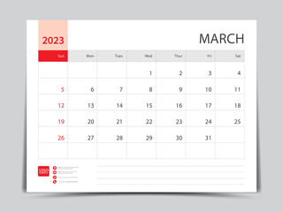 Monthly calendar template for 2023 year, March  design, Planner, Desk calendar 2023 design, Week Starts on Sunday, Wall calendar design in a minimalist style, printing media, vector eps10