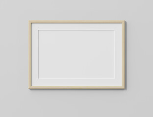 Wooden frame on white wall. 3D render wooden frame mock up. Empty interior. 3D illustrations. 3D design interior. Template for business. Passe partout frame. Shadow on the wall. Place for your text.