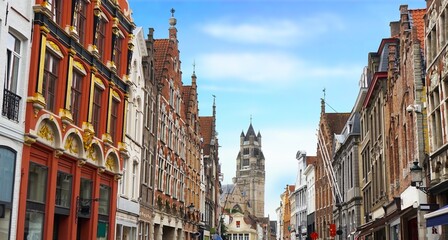 Bruges historic gable along the Steenstraat and the famous Sint-Salvatorskathedraal as a landmark of the city, Belgium