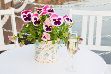 Pansies in a white blue vase on the terrace