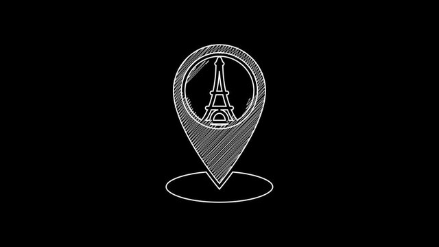 White line Map pointer with Eiffel tower icon isolated on black background. France Paris landmark symbol. 4K Video motion graphic animation