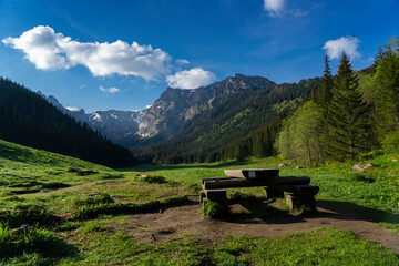 Small Meadow Valley (Dolina Małej Łąki) - bench in the mountains. Tatry mountains Poland 