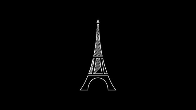 White line Eiffel tower icon isolated on black background. France Paris landmark symbol. 4K Video motion graphic animation