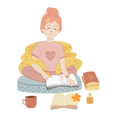 A young girl sits in a lotus position and writes in a notebook reads books. A cute girl is studying in the fall in the comfort of her home. Knowledge and love of learning. Vector illustration.