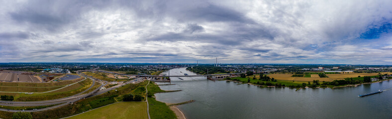 Fototapeta premium Panoramic view of the Rhine motorway bridge near Leverkusen, Germany. Drone photography.
