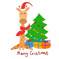 Cartoon-style giraffe Christmas card with a Christmas tree and gifts. An African animal in a red scarf and a santaclaus hat.