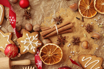 christmas cookies. baking of christmas cookies. decorative christmas gingerbreads and spices