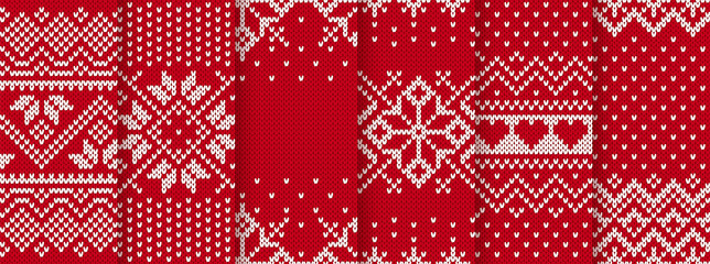 Knit print. Christmas seamless pattern. Vector. Red knitted sweater texture. Set Xmas winter geometric background. Holiday fair isle traditional ornaments. Wool pullover illustration. Festive crochet