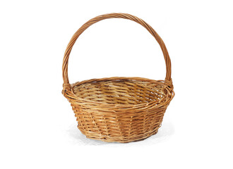 Empty round wicker basket isolated on white background. Handmade from a vine.
