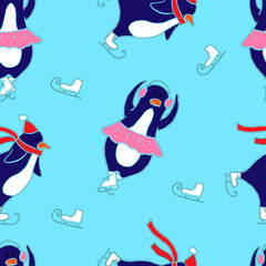 vector seamless pattern of penguins on skates