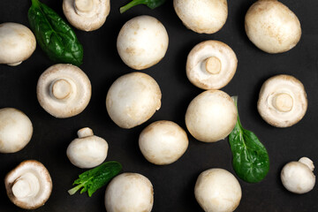 Raw mushrooms champignons on a black background.