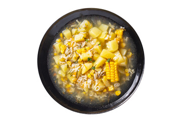 soup vegetable corn, potatoe, pasta alphabet, broth, chicken meat fresh portion meal snack on the table copy space food background rustic keto or paleo diet 