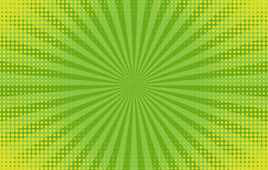 Pop art background. Comic pattern with starburst and halftone. Green banner with dots and beams. Cartoon retro sunburst effect. Vintage sunshine texture. Funny superhero print. Vector illustration.
