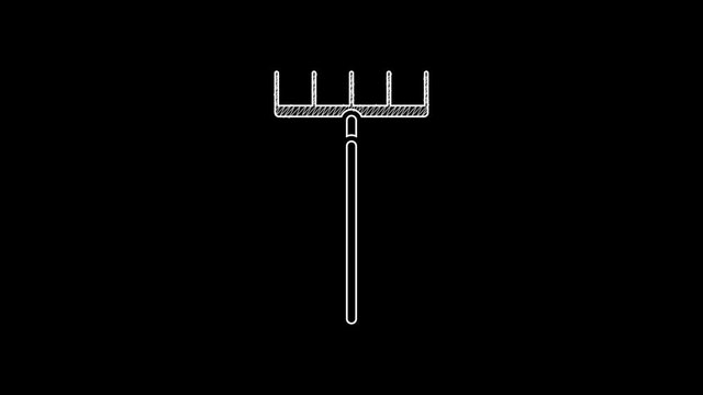 White line Garden rake icon isolated on black background. Tool for horticulture, agriculture, farming. Ground cultivator. Housekeeping equipment. 4K Video motion graphic animation