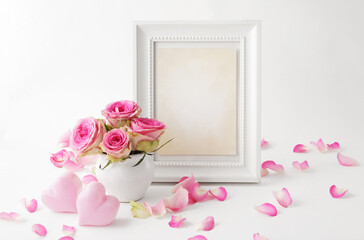 pink rose flowers and photo frame mockup - 458612308