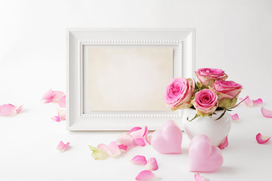 pink rose flowers and photo frame mockup