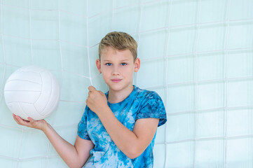 School kid playing volleyball in a physical education lesson. Horizontal education poster, greeting...