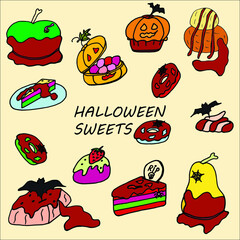 Hand drawn colorful halloween isolated  set of cartoon doodle form candies and sweets, cakes and desserts. Popular sweets for halloween. Vector illustration for coloring pages.