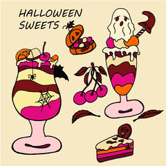 Hand drawn colorful halloween isolated  set of cartoon doodle form candies and sweets, cakes and desserts. Popular sweets for halloween. Vector illustration for coloring pages.