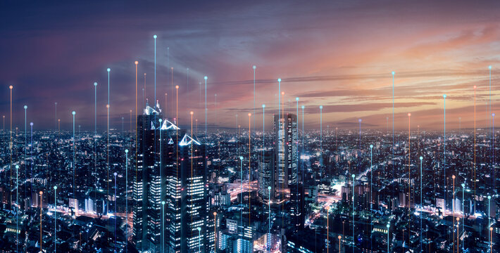 Telecommunication connections above smart city. Futuristic cityscape concept for internet of things (IoT), fintech, blockchain, 5G LTE network, wifi hotspot access, cyber security, digital technology
