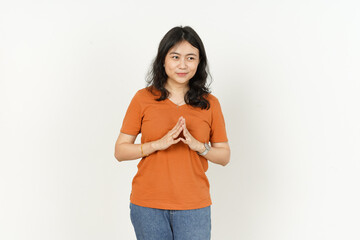 beautiful asian woman Wearing orange T-shirt isolated on white background