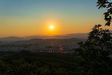 Sunset panoramic view of Athens from hymettus mountain, Greece.