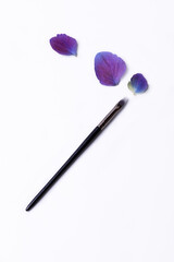 Fine makeup brush isolated on a white background with blue and purple flower petals depicting natural beauty product.