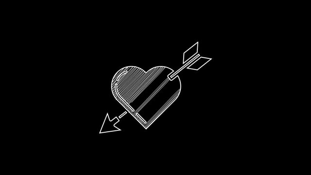 White line Amour symbol with heart and arrow icon isolated on black background. Love sign. Valentines symbol. 4K Video motion graphic animation
