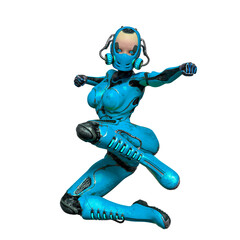 super gynoid is doing a comic jump